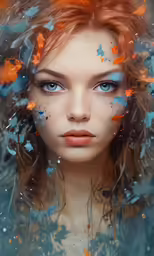 a beautiful young lady with a blue make up is surrounded by butterflies and blue eyes