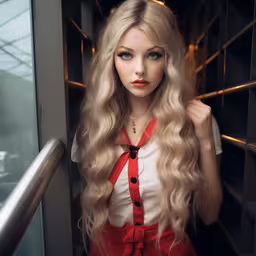 a woman is posing in a locker for pictures,a doll is shown sitting in the stairwell