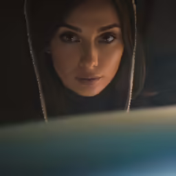 a woman with hoody looking at her reflection in the mirror