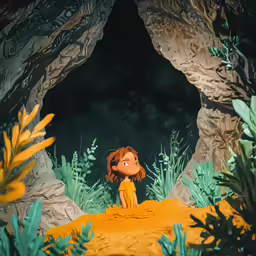a small child standing in an open cave