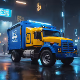 an orange and blue truck in the rain,a blue and yellow truck is parked on the street