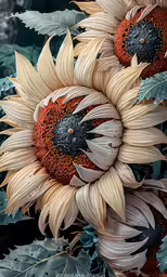 a bunch of large sunflowers surrounded by blue leaves