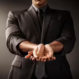 a man in a suit is holding out his hands