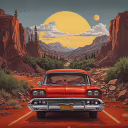 an image of a red car driving down the road,a red car on road between mountain range and forest
