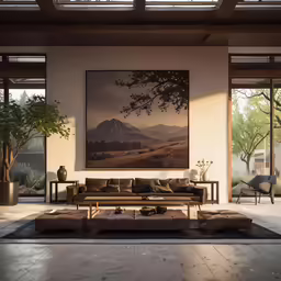a room with an art work on the wall