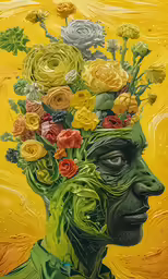 a painting of a woman with flowers on her head