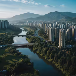 the river runs through the middle of many large buildings