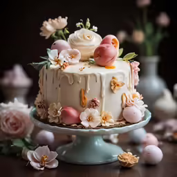 a cake decorated with flowers and eggs on a cake plate