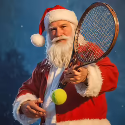 a santa claus holding a tennis racket and ball
