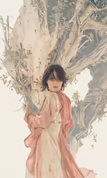 a woman in an elegant dress and long coat is standing in front of a tree