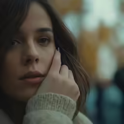 a close up of a person holding her hand over her face