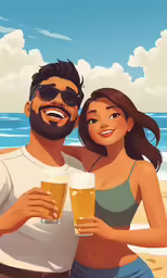 a man and woman holding glasses with beer on the beach
