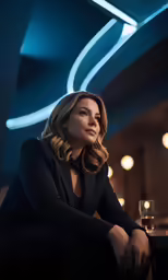 a woman sitting at a bar with her arms folded