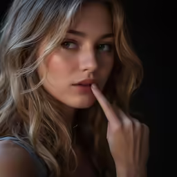 a woman is holding a finger to her nose