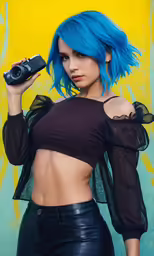 the beautiful woman with bright blue hair is holding a camera