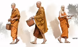 three different images of man in orange robes walking