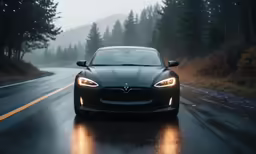 a grey car driving through the rain