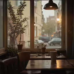 an empty restaurant table and the light coming through the window