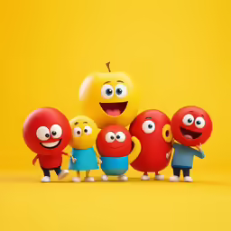 three large, yellow and red characters are standing next to each other