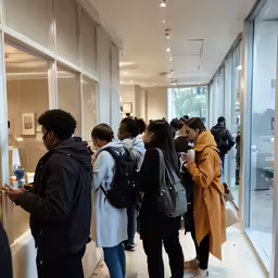 the people are standing in line inside of the store