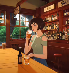 a woman sitting at a bar with a beer in her hand,an image of a woman sitting at a bar drinking