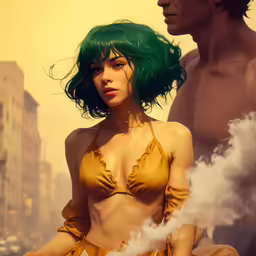 a painting of a person with a green hair