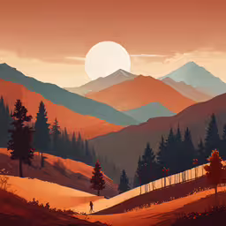 a person standing on the side of a hill with a sunset in the background,an abstract illustration of a hilly landscape with mountains and trees