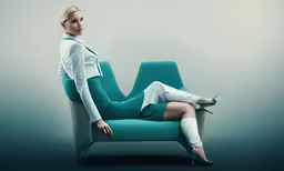 a woman sitting on a turquoise chair with her legs crossed