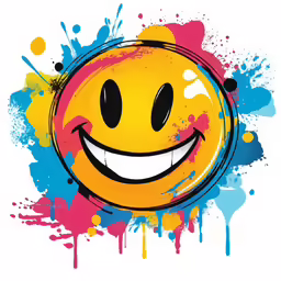 an art print with a smiley face in watercolor splats