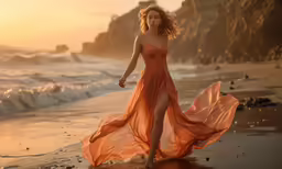 the beautiful woman in orange gown is walking down the beach