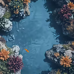 a fish is seen swimming near a rocky shoreline