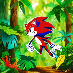 a cartoon character running through the jungle,a painting of sonic the hedge running through a jungle