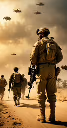 soldiers walk down the road as their planes fly overhead,military men walking down a dirt road with fighter jets overhead