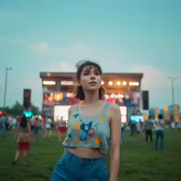 a girl standing up in the middle of a grassy field