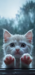 a cute white kitten looking out the window