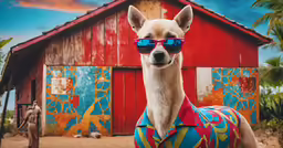 a small dog wearing sunglasses in front of a red barn
