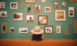 a person sitting in front of a wall with photos on it