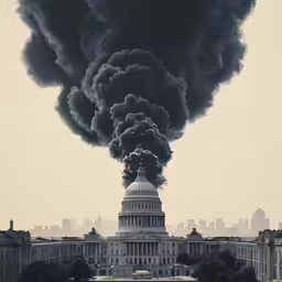 the united states capital building with smoke billowing out