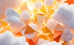 an orange and yellow background with white clouds and sun