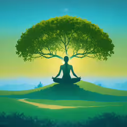 a person sitting in the middle of a large tree,a person is meditating under the large tree