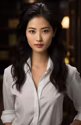 a woman posing for a picture with a shirt on,this asian woman is wearing a white shirt and long dark hair