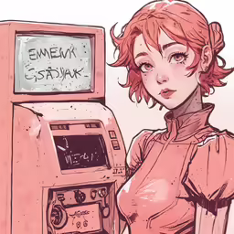 a girl is standing by an atm