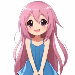 a young girl wearing a blue dress with pink hair