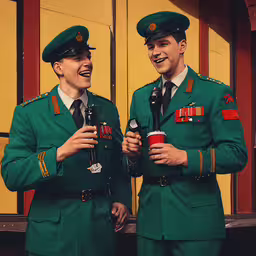 a couple of men in green uniforms are standing near a building,two men in green uniforms standing next to each other
