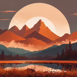 the mountains are covered with a large sun and trees,an image of a sunset over mountains on a lake