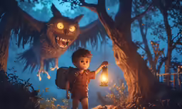 a child with a backpack, holding a lantern and looking at the lights on his hand