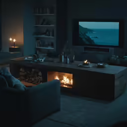 the television is on by the fireplace in the room