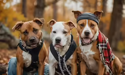 three pitbulls, one white and one brown in sweaters sitting on log