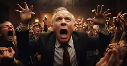 a man in a suit and tie making faces as he stands in front of an audience
