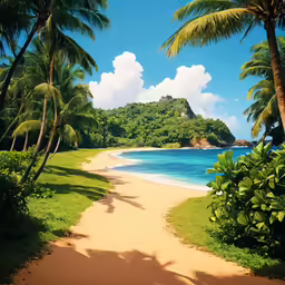 a sandy path leading to the beach between two palm trees